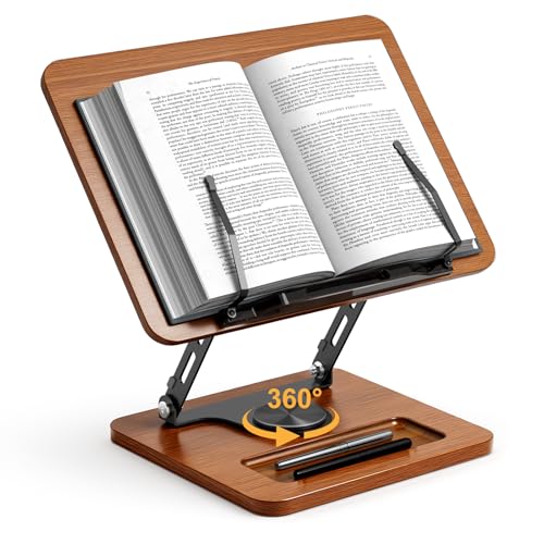 OPTIXCELL Book Stand for Reading, 360° Rotating Hands Free Book Holder, Adjustable Height and Angle, Page Clip for Cookbook, Recipe, Magazine, Laptop,Tablet, Foldable for Kitchen, Office, School - style: Book Stand