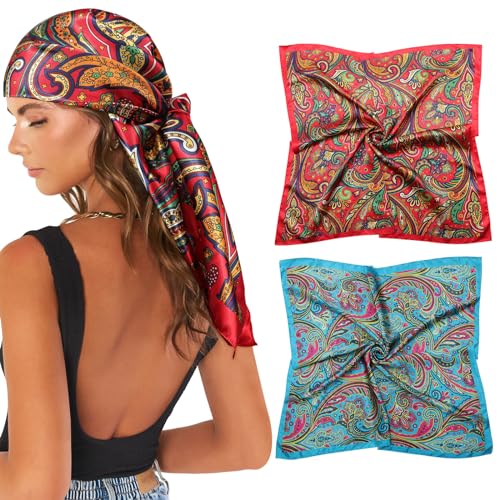 AWAYTR 35” Large Satin Square Head Scarf - 2Pcs Silk Like Floral Head Scarves Square Satin Hair Scarf Bandanas for Women - color: Paisley(blue/Red)