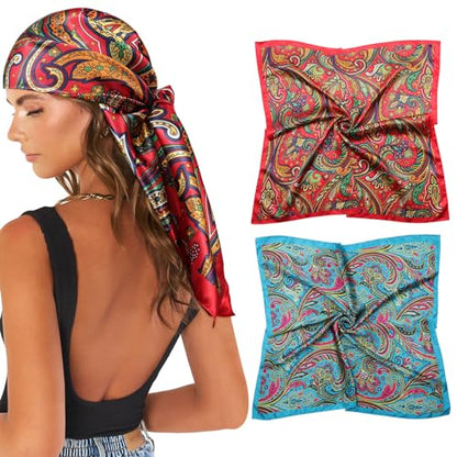 AWAYTR 35” Large Satin Square Head Scarf - 2Pcs Silk Like Floral Head Scarves Square Satin Hair Scarf Bandanas for Women - color: Paisley(blue/Red)