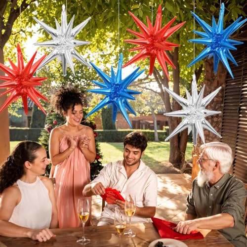 Red Blue Silver Star Balloons, 6PCS 22 Inch Foil Explosion Star Balloons - color: Dark Blue Red Silver