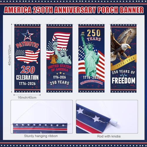 Panelee 4 Pcs 250th Anniversary Banner Decoration Patriotic American Flag Porch Banner 250th Anniversary Hanging Backdrop for Independence Day 4th of July Wall Indoor Outdoor Decor - style: 250th