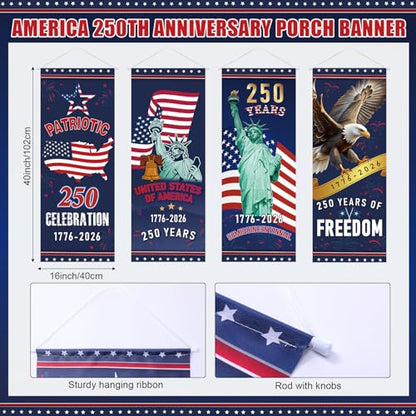 Panelee 4 Pcs 250th Anniversary Banner Decoration Patriotic American Flag Porch Banner 250th Anniversary Hanging Backdrop for Independence Day 4th of July Wall Indoor Outdoor Decor - style: 250th