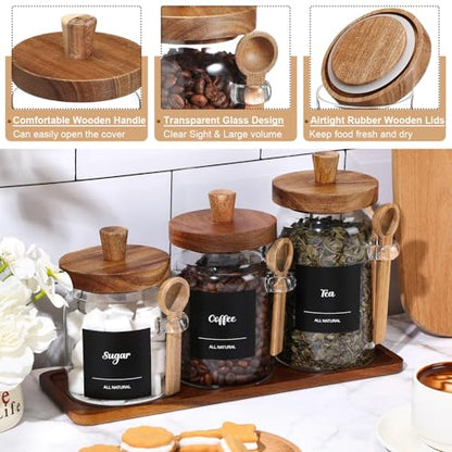 3 Pcs Glass Coffee Container with Wooden Lid Spoon Shelf Labels Clear Airtight Jar Food Storage Canister Set for Sugar Spice Coffee Bean Holder Housewarming Gift(13.5,20,25 oz,Acacia Brown) - size: 13.5,20,25 oz
