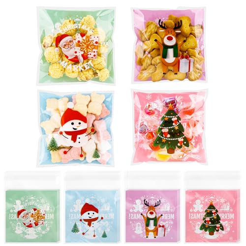 100 PCS Christmas Self Sealing Cellophane Bags for Cookie Snack Treat Goodie Goody Candy Gift Wrap Clear Ziplock Holiday Winter Santa Xmas Decor Bags Bulk Christmas Party Decorations Favors Supplies - color: 100pcs Christmas bags