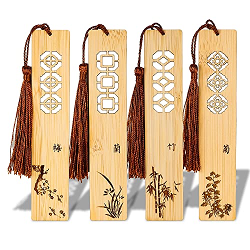Handmade Natural Bamboo Bookmark with Tassels,Unique Vintage Style Reading Page Markers Bookmarks - 4PCS (Classic Style) - color: Classic Style