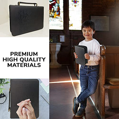 DEHITE Bible Cover Case for Men – Bible Carrying Case for Men – Black Large Holder – Bag Fits Book 10.1 x 7 x 1.9 in – Pen Slots – Zippered Pocket – Premium Faux Leather – Christian Gift - size: Large Black