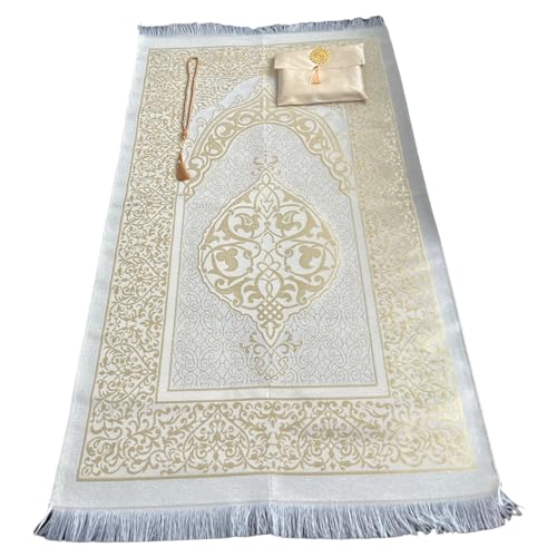 Muslim Prayer Rug and Beads with Elegant Slub Fabric Bag | Janamaz | Sajadah | Soft Islamic Prayer Rug | Islamic & Mawlid Gifts | Prayer Carpet Mat, Taffeta Fabric (Gold, 1 Sets) - color: Gold, size: 1 Sets