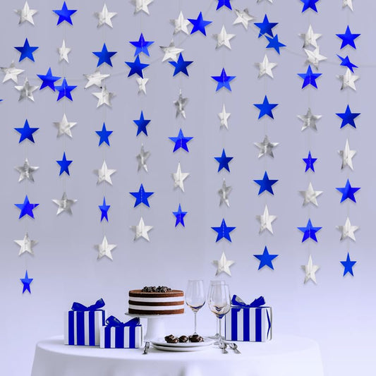 Blue Silver Shining Star Hanging Garland Blue Silver Hanging Sparkling Star Streamer Bunting Banner Twinkle Backdrop for Wedding Baby Shower Birthday Christmas Decorations 40 Feet - color: Blue Silver
