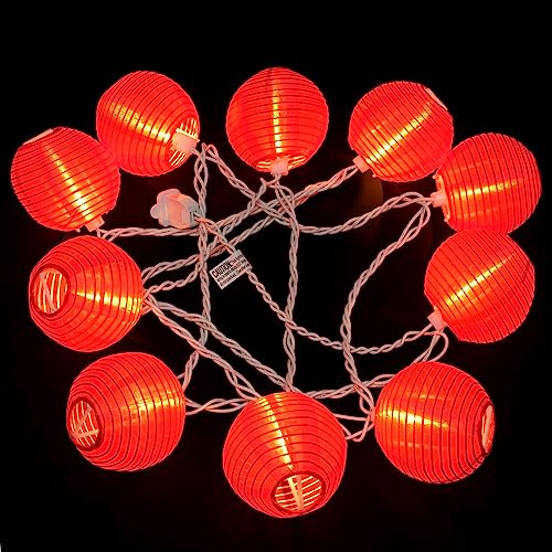 HOSY 10-Pack Red 3-in Lanterns, 11 ft White Wire Plug-in UL String Lights | Self-assembly Required, Nylon Fabric, 3-in Diameter, 12-in Spacing, End-to-end Connectable, UL Certified - color: Red