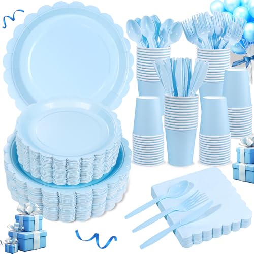LIYH 350Pcs Light Blue Scalloped Party Plates Set for Boy Baby Shower - color: Blue