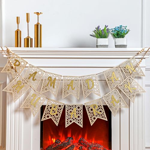 SmoothNovelty 2 Pcs Eid Ramadan Mubarak Banner Wooden Ramadan Mubarak Decoration Rustic Bead Decorations Banner Muslim Party Decor Supplies for Home Fireplace Indoor Outdoor(Gold Letter) - color: Gold Letter
