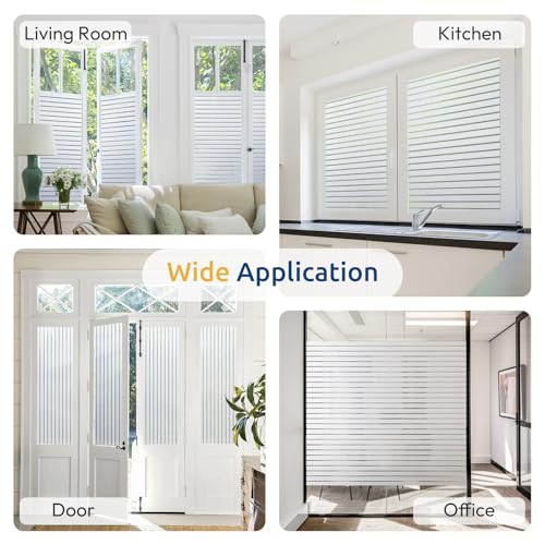 rabbitgoo Window Privacy Film, Frosted Glass Privacy Film, Window Frosting Cling for Glass, Non Adhesive Static Cling Front Door Covring, Anti-UV Reeded Blinds Sticker, Striped Pattern, 17.5" x 118.1" | Reeded Blinds Design, All Day Privacy Shield, Opaque