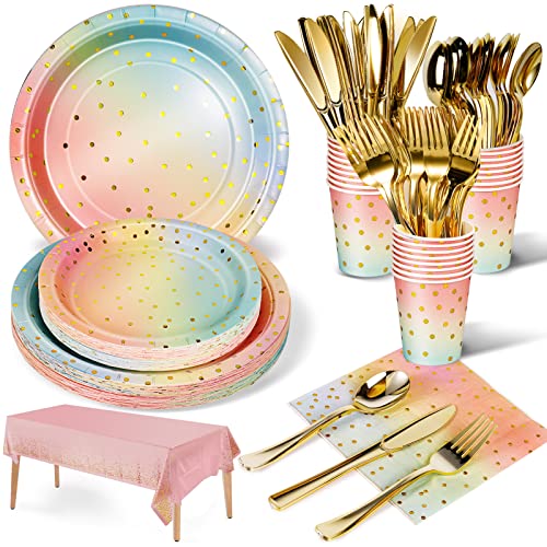Nkaiso 141Pcs Rainbow Paper Plates and Napkins Party Supplies for20 - color: Rainbow