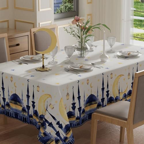 XCHI Watercolor Castle Moons Stars Ramadan Mubarak Tablecloth Rectangle Table Cloth Table Covers for Indoor Dining Home Party Decorations 60x84 Inch