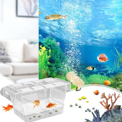 1/2 Fish Acclimation Box - Acrylic Hatchery Incubator Tank, Fish Breeder Box with 2 Suction Cups | Easily Install Breeding Isolation Box, Floating Breeding Box for Baby Fishes Shrimp Betta Guppy - size: Large