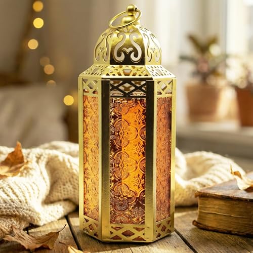Vela Lanterns Decorative Indoor Moroccan Candle Holder, Gold Amber, M | Ramadan Decorations for Home, Orange Candle Lantern, Eid Islamic Wedding Centerpiece, Hanging Tealight Votive Pillar, 10.5in - color: Gold/Amber, size: Medium