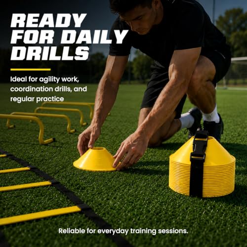 American Challenge Large Disc Cones – Set of 6 Agility Cones for Sports Training – Compact Soccer Cones with Carry Strap for Drills & Practice - color: Yellow