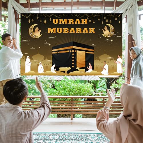 Umrah Mubarak Banner, 59×35 Inch Large Photo Booth Ramadan Mubarak Banner, Hajj Kaaba Background Ramadan Decorations for Home lslamic Muslim Eid Al-Fitr Party Favors (59 x 35 Inch) - size: 59 x 35 Inch