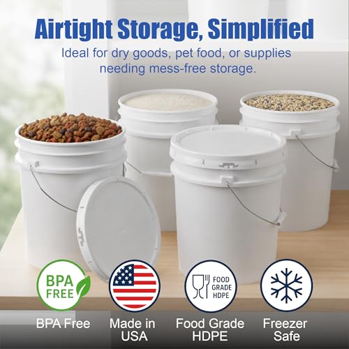 5 Gallon Bucket - Food Grade w/Lid BPA-Free, 6 Pack - White | Airtight Gasketed Tear Strip Lid, Heavy-Duty 90 Mil HDPE Plastic Pail, Bulk Storage, Food Safe Durable Container, Made in USA - size: 6 Packs