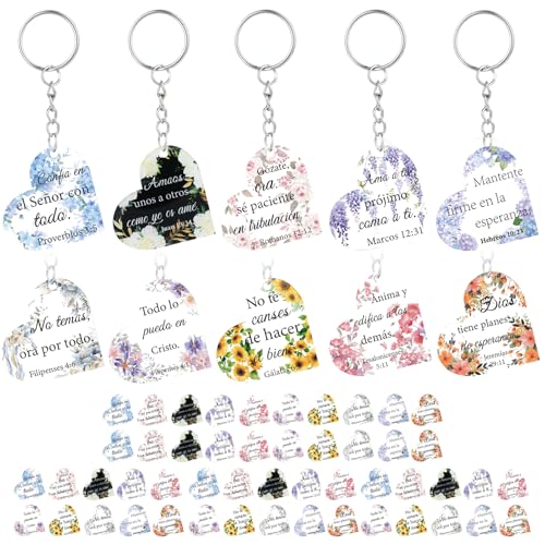 50 Pcs Spanish Christian Keychain Set Bible Verse Keychain Religious Gifts Heart Shape with Inspirational Spanish Religious Scripture for Daily Faith Reminder
