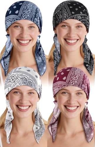 Ababalaya Chemo Headwear for Women Softer Headcover with Longer Tails, Breathable Skull Cap Non-Slip Sleep Beanie - color: 4 Pack Paisley