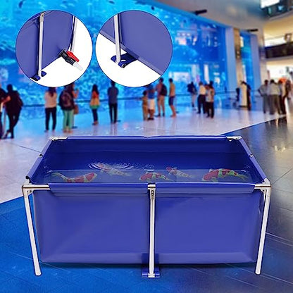 Canvas Fish Pond Blue Cube Canvas Pond Fish Show Tank with Stainless Steel Tubes Collapsible Storage Tank, Ornamental Aquarium Swimming Pool with Drain Blue Aquarium Pool