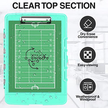 Sooez Original Clipboard with 2 Storage & Pen Holder, Heavy Duty Clip Boards 8.5x11 with Dual Storage, Clearview Dry Erase Coach Clipboard with Real Hinge, High Capacity, School & Office Supplies - color: Turquoise