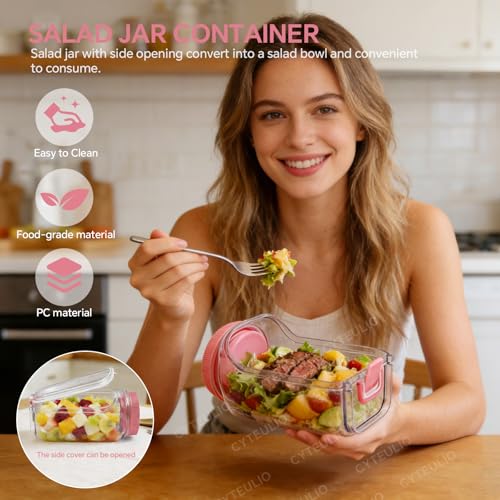 Creative Salad Pod Side Open, Salad Jars with Dressing Cup for Office, Park, Travel, Outdoors. Equipped with Waterproof Cover and Ring, Sauce Box Supoort Dishwasher & Freezer. (Pink)