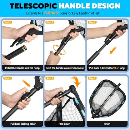 PLUSINNO Floating Fishing Net with Telescoping Handle, Carbon Fiber Ultralight Long Fish Net, Collapsible Landing Net 6.56/7.86Ft, Fishing Gear Kayak Accessories for Bass Trout Salmon - style: 7.86 Ft Full Length
