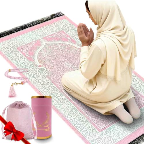 Muslim Prayer Rug and Beads with Gift Box, Soft Islamic Prayer Mat, Islamic Gifts Set, Prayer Carpet Mat, Sajadah/Janamaz/Seccade (Pink) - color: Pink