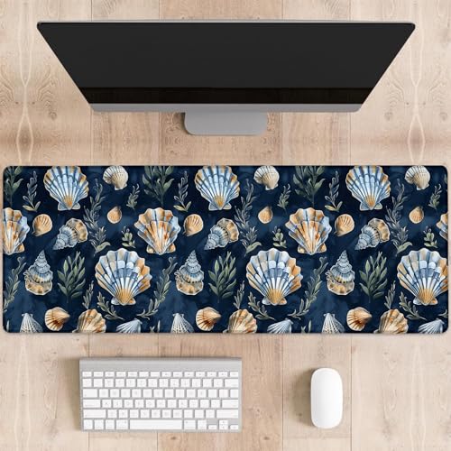 Seashell Print Gaming Mouse Pad, Blue and Gold Seashells Large Desk Mat for Computer, Extended Keyboard Laptop Mouse Pads 31.5×11.8in, Non Slip Rubber Mousepad for Office Decor Gifts - color: Seashell24