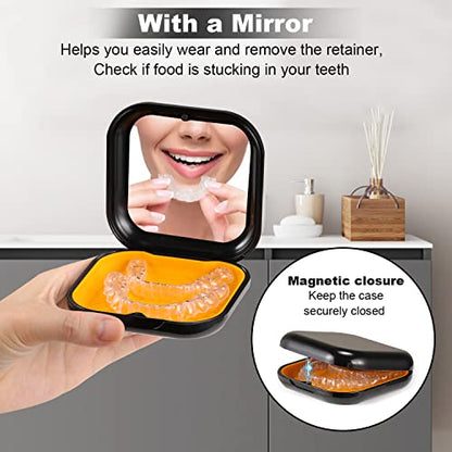 Retainer Case, Slim Aligner Case with Mirror, Compatible with Invisalign, Night Guard and Mouth Guard, Premium Retainer Case, With Aligner Remover Tool, Chew & Brush, Black - color: Square: Black