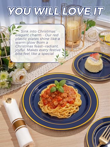 WDF Partyware 350PCS Navy Blue and Gold Plastic Plates with Rolled Napkins Include Dinner Plate 10’’, Dessert Plate 7’’, gold Cups 9 OZ, Pre Rolled Napkins for Birthday/Wedding/Party/Graduation - color: Blue and Gold, size: 350