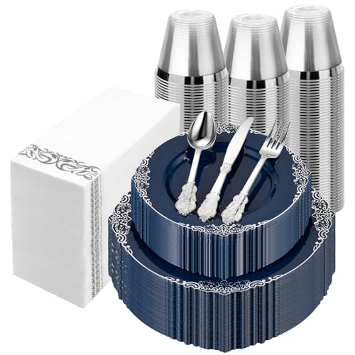 Bestluck 350PCS Navy Blue Plastic Plates for 50 Guests - color: Navy Blue, size: 50 Guests