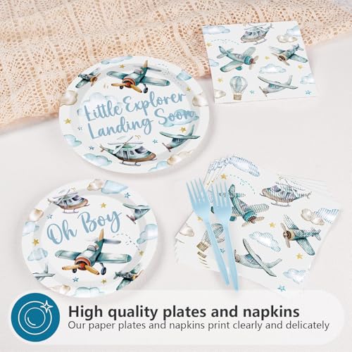 Greencian 96Pcs Airplane Boy Baby Shower Decorations, Serves 24 | Airplane Baby Shower Plates and Napkins Plane Tableware Set for Boys Little Explorer Landing Soon Adventure Party Supplies - style: Airplane Baby Shower Set