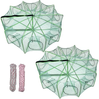2 Pcs 32 x 10 Inch Collapsible Crab Trap 10 Holes 10 Sides Foldable Fishing Nets with 2 Rope for Minnows Fishing Crawfish Crab Lobster Shrimp