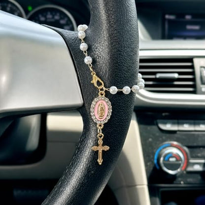 Car Rosary for Car, Steering Wheel Charm, Steering Wheel Rosary Charm with Virgin Mary & Cross, Pink - style: A-pink