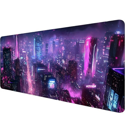Neon City Gaming Mouse Pad Desk Pad Purple Cyberpunk Night Futuristic Mouse Pad Large Mousepad Extended Laptop Keyboard Mat Gaming Desk Pad Mouse Mat Office Computer Keyboard Laptop Home 31.5"x11.8" - color: Neon City, size: 31.5L x 11.8W inches