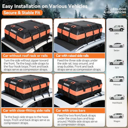 MARCHWAY Waterproof Car Roof Luggage Bag, Weatherproof Soft Shell Rooftop Cargo Carrier Bag for Vehicles with or Without Rack. 6 Door Hooks, Anti Slip Mat, Lock Included (21 Cubic Feet, Orange) - size: 21 Cubic Feet, Orange