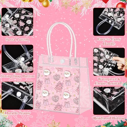 Aliceset 24 Pcs Pink Christmas Gift Bags with Handles Bulk Clear PVC Xmas Party Favor Bags Plastic Gift Wrap Totes for Holiday Presents Wrapping Treat Supplies(Santa Claus, 6.31"x 5.91"x 3.15") - style: Santa Claus