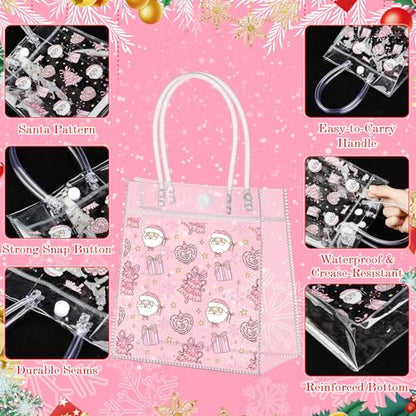 Aliceset 24 Pcs Pink Christmas Gift Bags with Handles Bulk Clear PVC Xmas Party Favor Bags Plastic Gift Wrap Totes for Holiday Presents Wrapping Treat Supplies(Santa Claus, 6.31"x 5.91"x 3.15") - style: Santa Claus