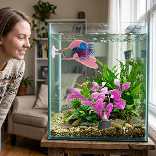 4 PCS Pink Fish Tank Decor, Fish Hammock Resting Leaf, Artificial Underwater Plants Decorations, Set of Two Pink Aquarium Decor with Two Betta Fish Leaves