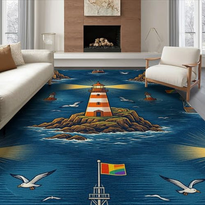 6'x9' Washable Retro Bird Area Rug, Navy Blue Non-Shedding Pet Friendly Room Rug for Queen Size Bedroom, Under Bed, Master Suite, Foldable Easy Care Carpet | Ref:1908949 - color: Blue/Pattern 42, size: 6' x 9' (Rectangular)