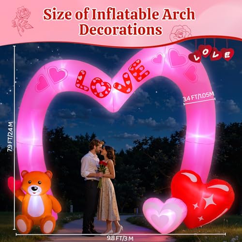 Lewondr 8FT Valentine's Day Inflatable Outdoor Decorations, Lovely Bear Pink Love Blow up Archway Romantic Yard Decoration with 8 Build-in Lights, Valentine's Inflatable Decor for Lawn Party Wedding - style: Archway