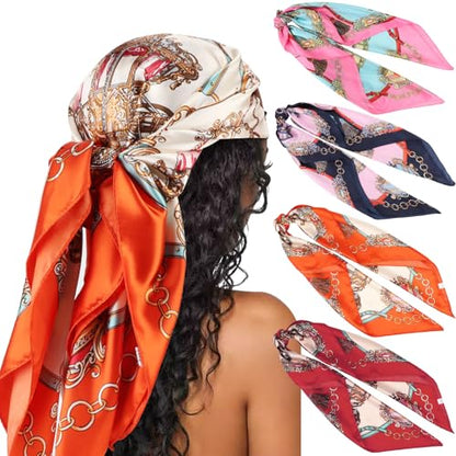 DRESHOW 35” Large Square Satin Head Scarf - 4Pcs Silk Accessories Classic Patterned Squares Beach Bandanas for Women - color: 4 Pcs Patterned: Pink, Orange, Blue, Navy Blue