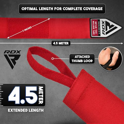 RDX Boxing Hand Wraps 4.5M / 180 Inches – Mexican Style Semi-Elastic MMA Inner Gloves - Wrist Support for Muay Thai, Kickboxing, BJJ, Karate - Thumb Loop & Hook and Loop Closure - Cotton & Nylon Blend - color: Red