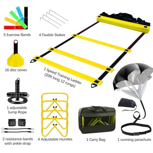 Haootadiy Agility Training Equipment, Football Training Equipment Includes 20FT Agility Ladder,4 Adjustable Agility Hurdles, 12 Football Cones, Parachute, for Training Soccer Basketball Athletes - color: YELLOW