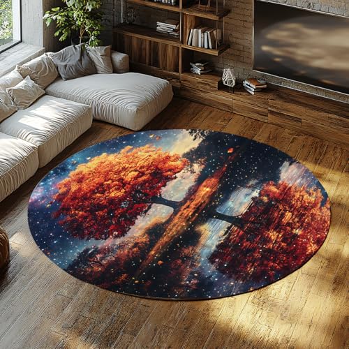 Starry Nature Round Area Rugs 5ft Autumn Tree Starry Night Sky Water Reflection Circular Rugs Washable Non Slip Carpet Large Thin Foldable Low Pile Stain Resistant Throw Mat for Bedroom Office - color: Ydt03, size: 5ft (Round)