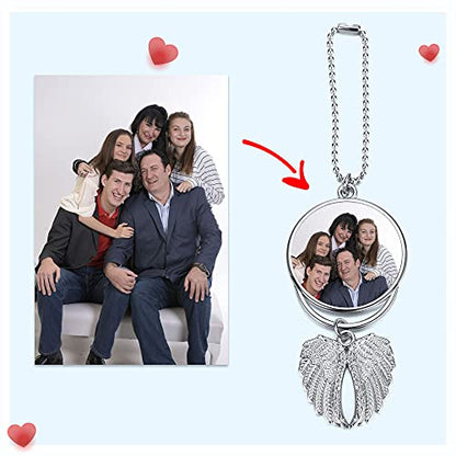 PiercingJ Custom Photo Rearview Mirror Car Charm Double Side Picture Engraving Car Hanging Ornament Angel Wing Car Charm Gift for Men Women - color: Silver-1 Pc