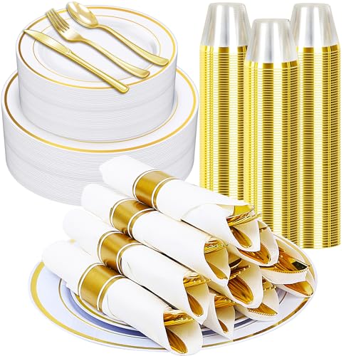 Zcaukya 350 PCS Gold Plastic Dinnerware Set for 50 Guests